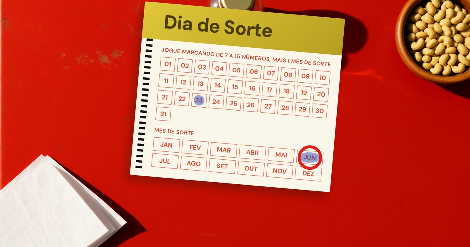 Volante da Dia de Sorte com o mais atrasado circulado: a dezena 23 (22 concursos sem sair) e junho circulado (30 concursos sem sair) depois do concurso 1312 do Dia de Sorte