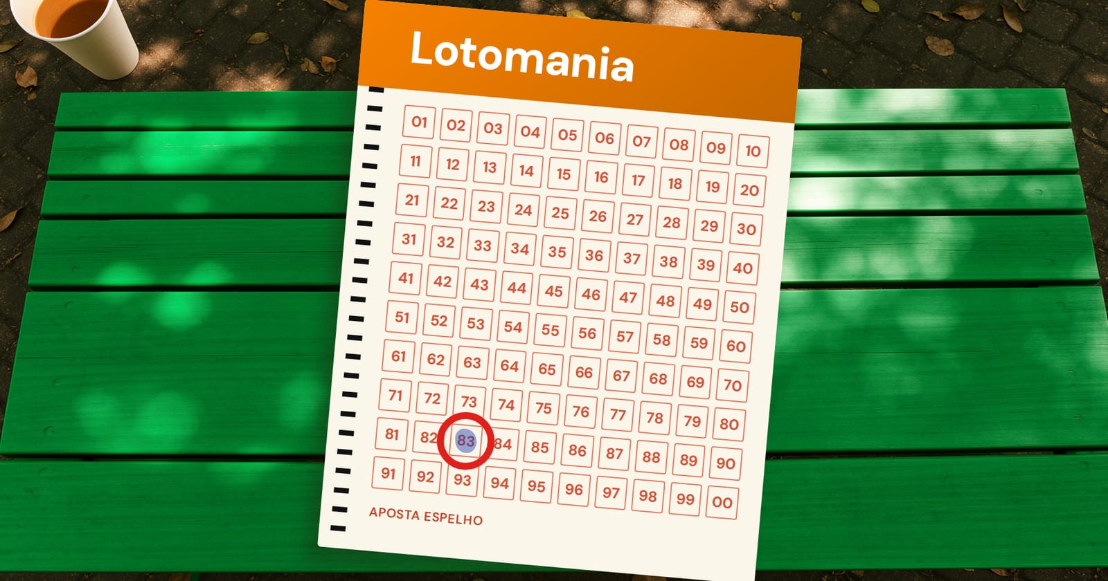 Volante da Lotomania com o mais atrasado circulado: a dezena 83, 17 concursos sem sair depois do concurso 2982 da Lotomania
