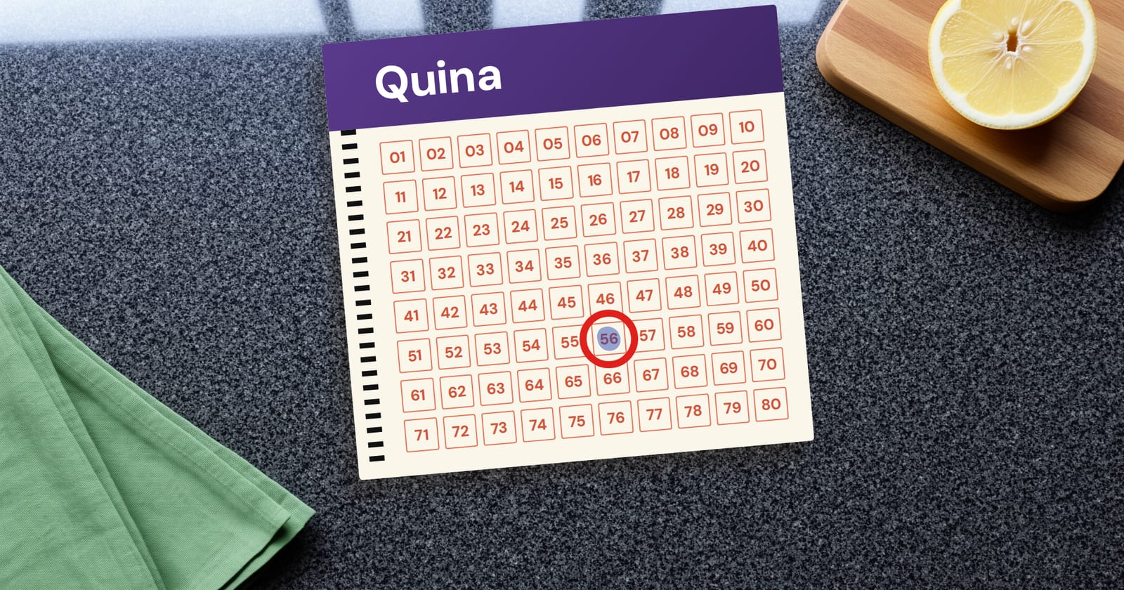 Volante da Quina com o mais atrasado circulado: a dezena 56, 60 concursos sem sair depois do concurso 7132 da Quina