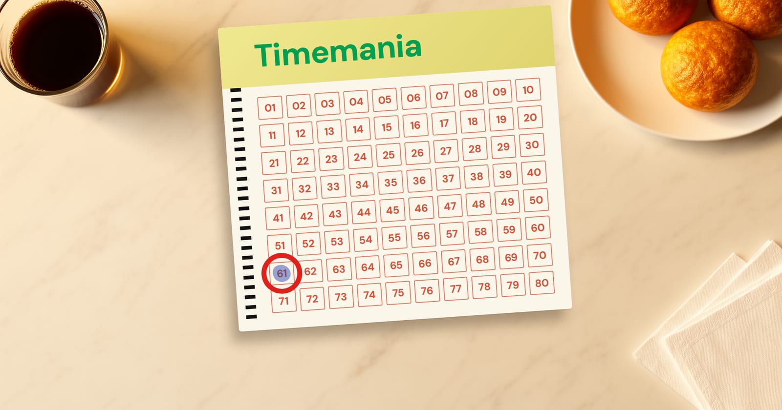 Volante da Timemania com o mais atrasado circulado: a dezena 61, 72 concursos sem sair depois do concurso 2449 da Timemania